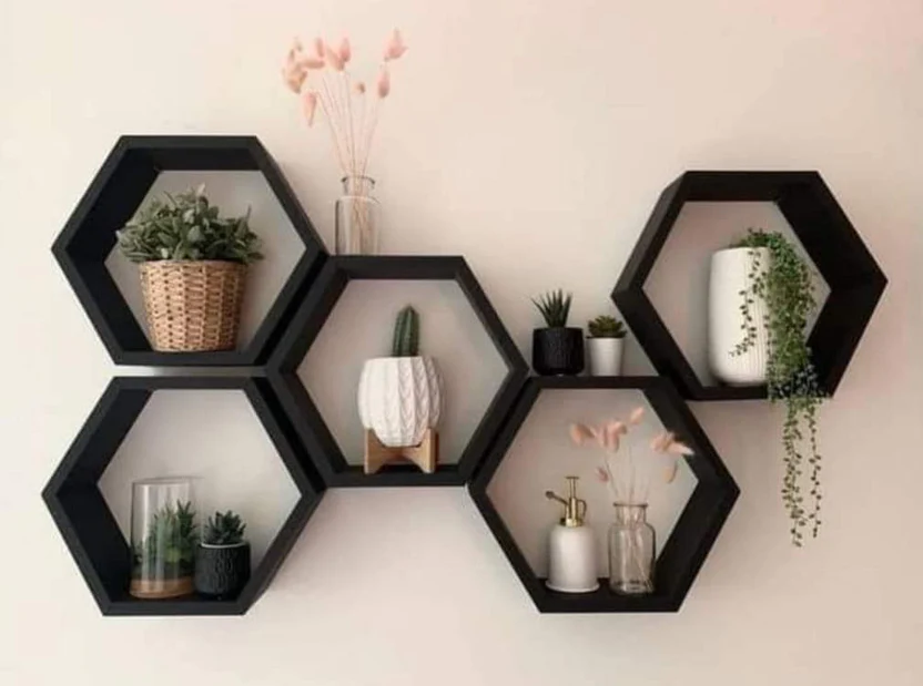 Wooden 5 pics Hexagon Wall Shelf